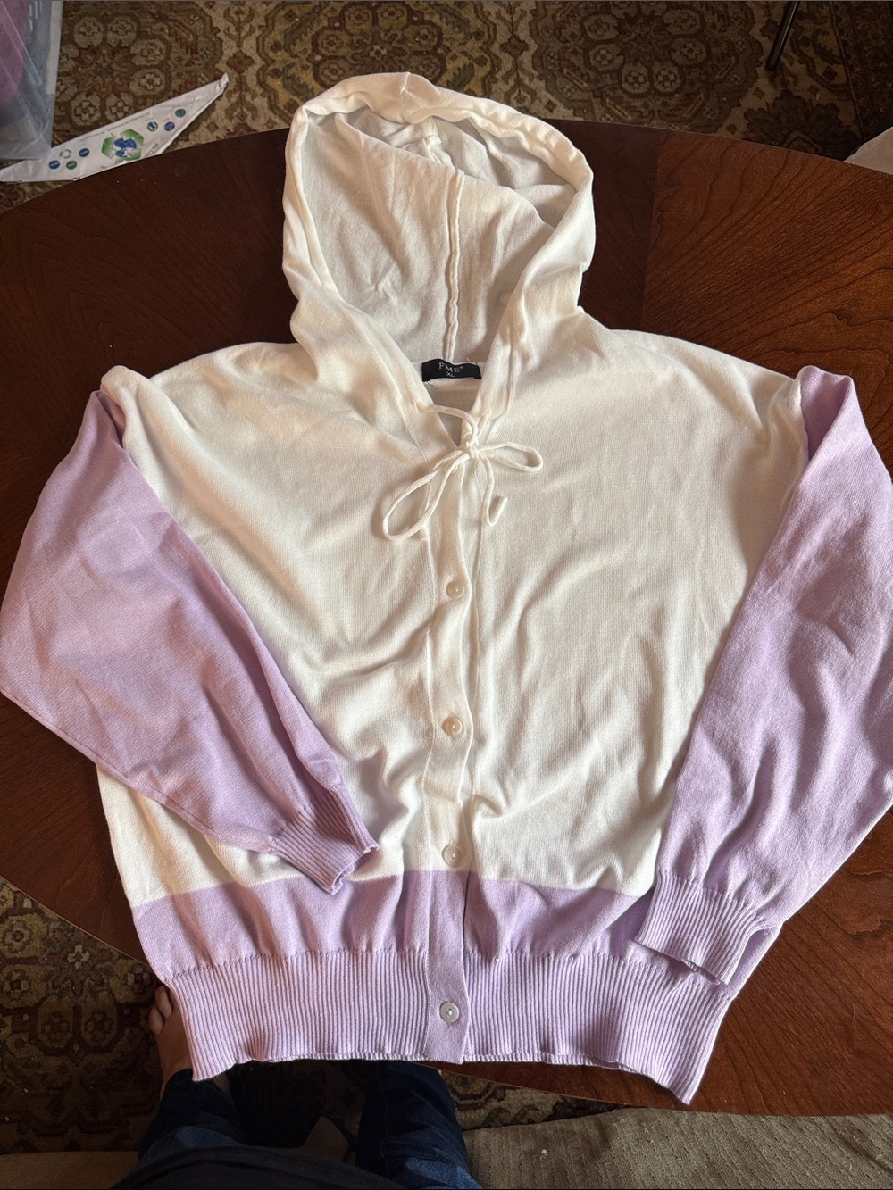 Hooded Button-Front Cardigan in Cream and Lavender
